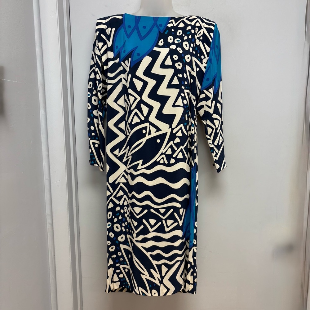 MS. CHAUS | Vintage 100% Silk Graphic Dress – Bold Navy/Blue Abstract Print